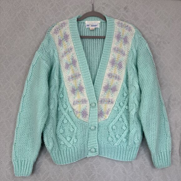 Vtg Hand Knit Cardigan Sweater Womens Medium Pastel Aqua Chunky Grandma 90s 80s - Picture 1 of 11